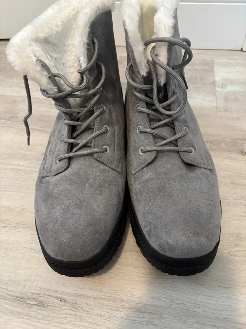 GO Branded Gray Suede Faux-Fur Ankle Boots